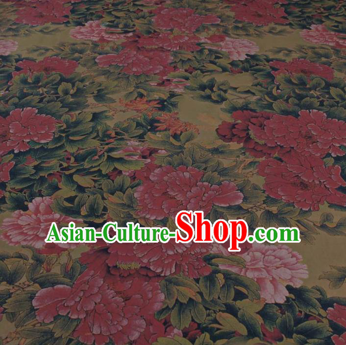 Traditional Chinese Classical Peony Pattern Olive Green Gambiered Guangdong Gauze Silk Fabric Ancient Hanfu Dress Silk Cloth