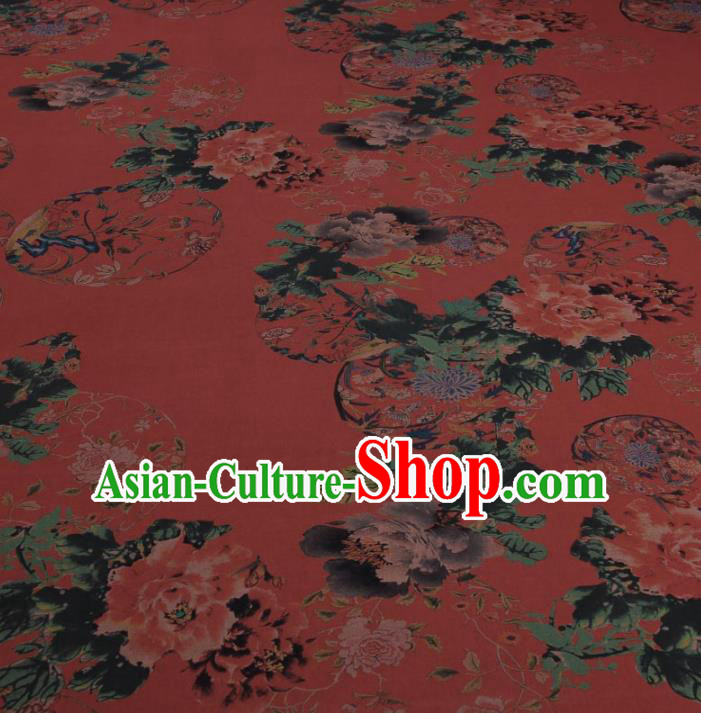 Traditional Chinese Classical Flowers Pattern Rust Red Gambiered Guangdong Gauze Silk Fabric Ancient Hanfu Dress Silk Cloth