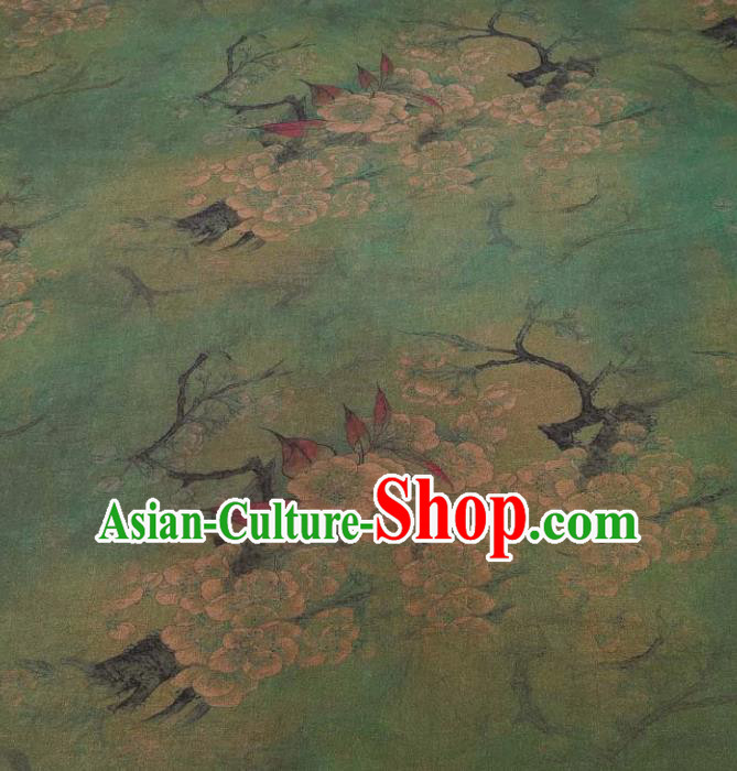 Traditional Chinese Classical Plum Pattern Deep Green Gambiered Guangdong Gauze Silk Fabric Ancient Hanfu Dress Silk Cloth