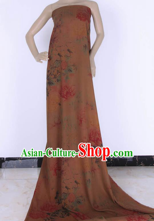 Traditional Chinese Classical Peony Pattern Brown Gambiered Guangdong Gauze Silk Fabric Ancient Hanfu Dress Silk Cloth