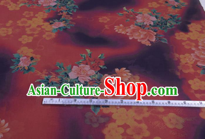 Traditional Chinese Classical Peony Plum Pattern Dark Red Gambiered Guangdong Gauze Silk Fabric Ancient Hanfu Dress Silk Cloth