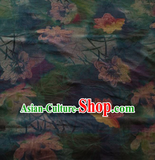 Traditional Chinese Classical Lotus Pattern Deep Blue Gambiered Guangdong Gauze Silk Fabric Ancient Hanfu Dress Silk Cloth