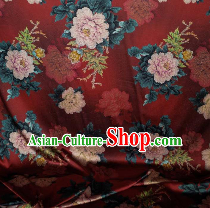 Traditional Chinese Classical Peony Pattern Purplish Red Gambiered Guangdong Gauze Silk Fabric Ancient Hanfu Dress Silk Cloth