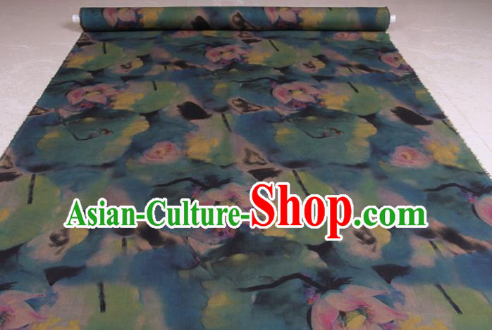 Traditional Chinese Classical Lotus Pattern Deep Blue Gambiered Guangdong Gauze Silk Fabric Ancient Hanfu Dress Silk Cloth