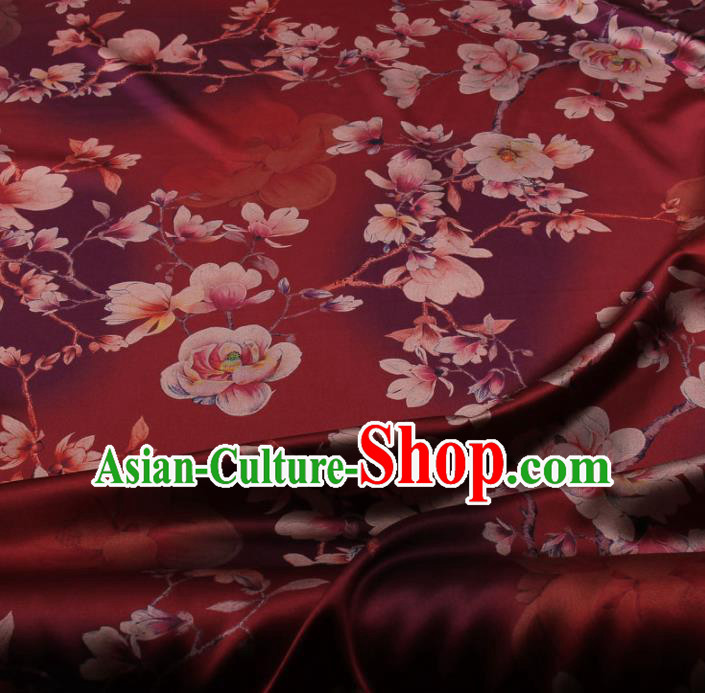 Traditional Chinese Classical Magnolia Pattern Purplish Red Gambiered Guangdong Gauze Silk Fabric Ancient Hanfu Dress Silk Cloth