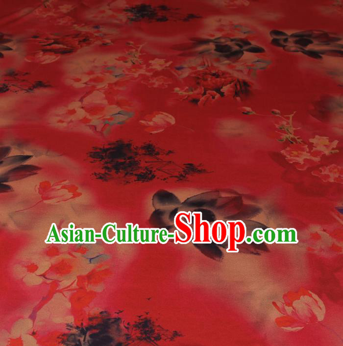 Traditional Chinese Classical Lotus Pattern Red Gambiered Guangdong Gauze Silk Fabric Ancient Hanfu Dress Silk Cloth