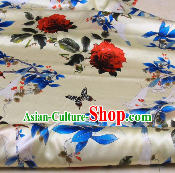 Traditional Chinese Classical Roses Pattern Beige Gambiered Guangdong Gauze Silk Fabric Ancient Hanfu Dress Silk Cloth