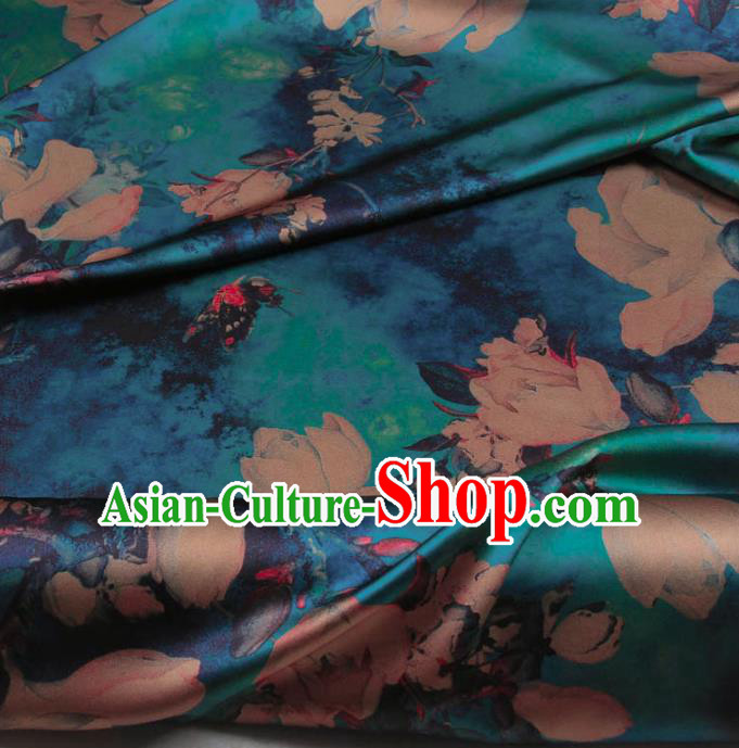 Traditional Chinese Classical Magnolia Pattern Peacock Green Gambiered Guangdong Gauze Silk Fabric Ancient Hanfu Dress Silk Cloth