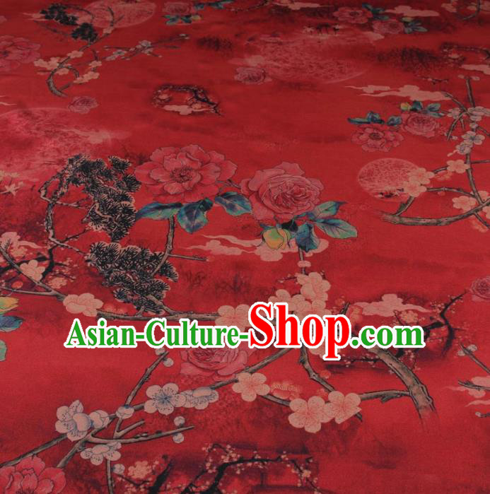 Traditional Chinese Classical Plum Peony Pattern Red Gambiered Guangdong Gauze Silk Fabric Ancient Hanfu Dress Silk Cloth