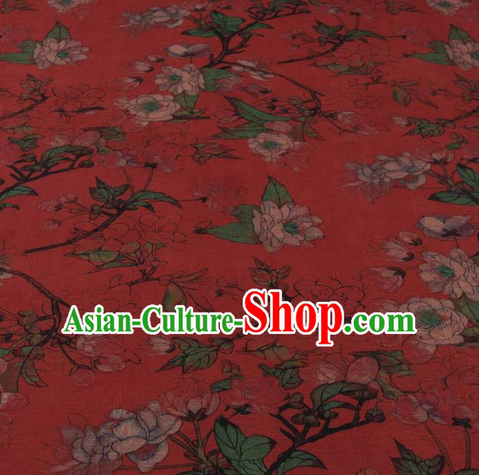 Traditional Chinese Classical Camellia Pattern Rust Red Gambiered Guangdong Gauze Silk Fabric Ancient Hanfu Dress Silk Cloth