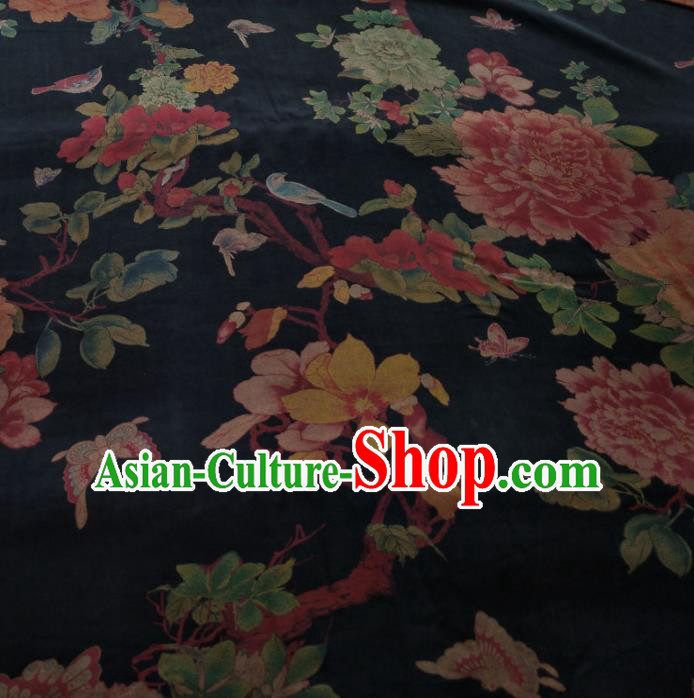 Traditional Chinese Classical Peony Birds Pattern Black Gambiered Guangdong Gauze Silk Fabric Ancient Hanfu Dress Silk Cloth