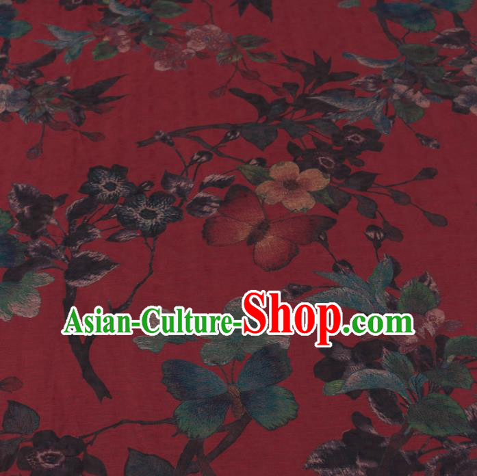 Traditional Chinese Classical Flowers Pattern Dark Red Gambiered Guangdong Gauze Silk Fabric Ancient Hanfu Dress Silk Cloth