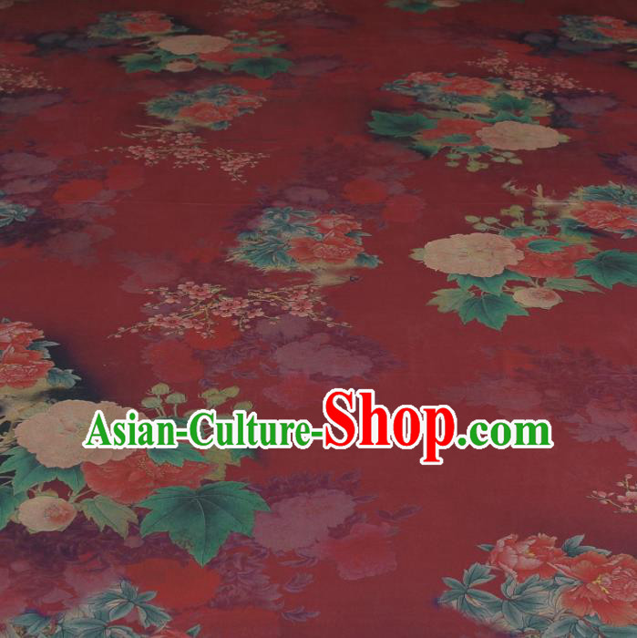 Traditional Chinese Classical Peony Pattern Wine Red Gambiered Guangdong Gauze Silk Fabric Ancient Hanfu Dress Silk Cloth