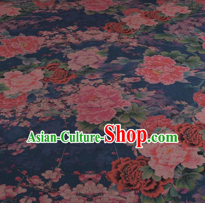 Traditional Chinese Classical Peony Plum Pattern Navy Gambiered Guangdong Gauze Silk Fabric Ancient Hanfu Dress Silk Cloth