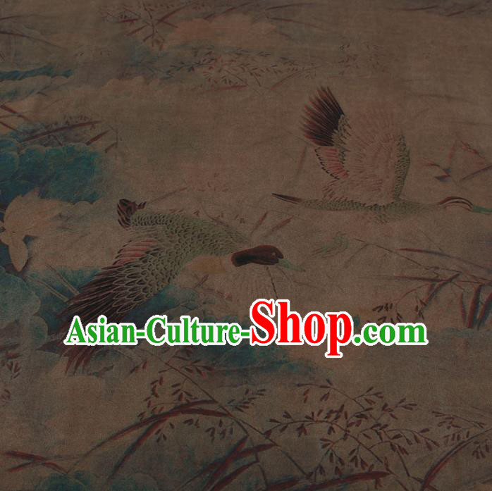 Traditional Chinese Classical Crane Lotus Pattern Khaki Gambiered Guangdong Gauze Silk Fabric Ancient Hanfu Dress Silk Cloth