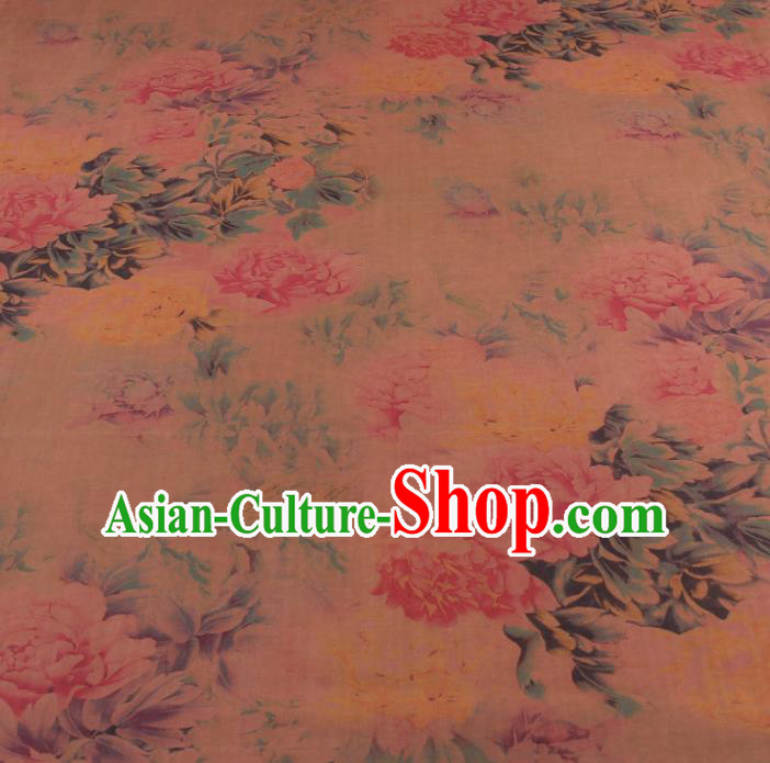 Traditional Chinese Classical Peony Pattern Khaki Gambiered Guangdong Gauze Silk Fabric Ancient Hanfu Dress Silk Cloth