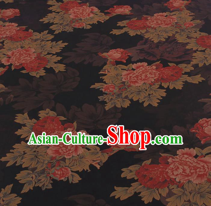 Traditional Chinese Classical Peony Pattern Black Gambiered Guangdong Gauze Silk Fabric Ancient Hanfu Dress Silk Cloth