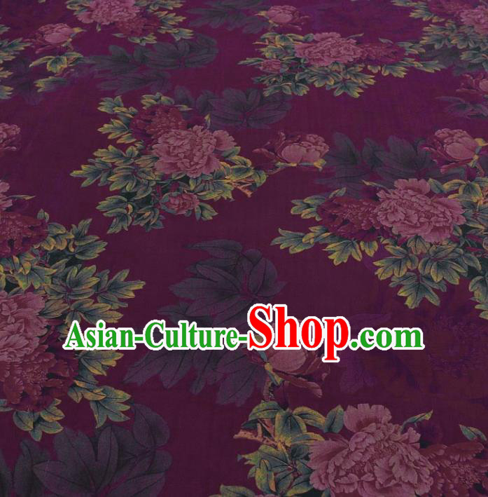 Traditional Chinese Classical Peony Pattern Purple Gambiered Guangdong Gauze Silk Fabric Ancient Hanfu Dress Silk Cloth