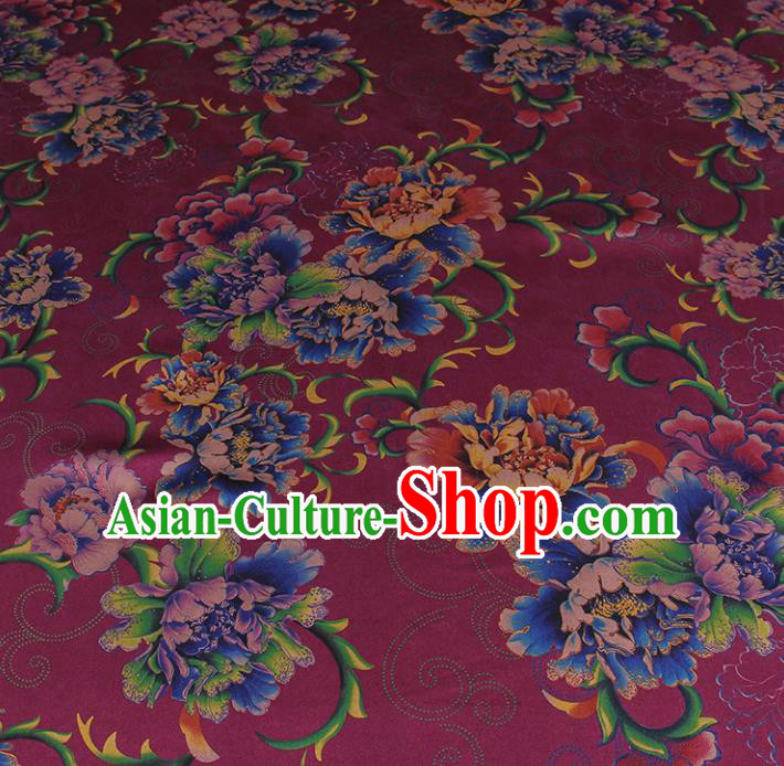 Traditional Chinese Classical Peony Pattern Deep Purple Gambiered Guangdong Gauze Silk Fabric Ancient Hanfu Dress Silk Cloth