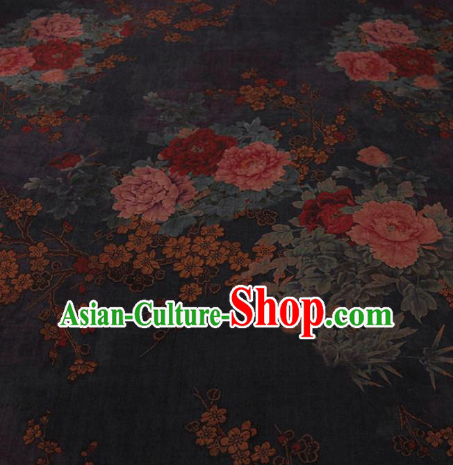 Traditional Chinese Classical Peony Plum Pattern Black Gambiered Guangdong Gauze Silk Fabric Ancient Hanfu Dress Silk Cloth