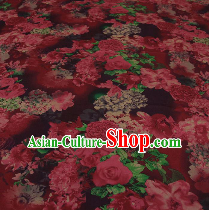 Traditional Chinese Classical Peony Flowers Pattern Dark Red Gambiered Guangdong Gauze Silk Fabric Ancient Hanfu Dress Silk Cloth