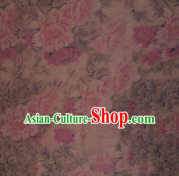 Traditional Chinese Classical Peony Pattern Light Brown Gambiered Guangdong Gauze Silk Fabric Ancient Hanfu Dress Silk Cloth