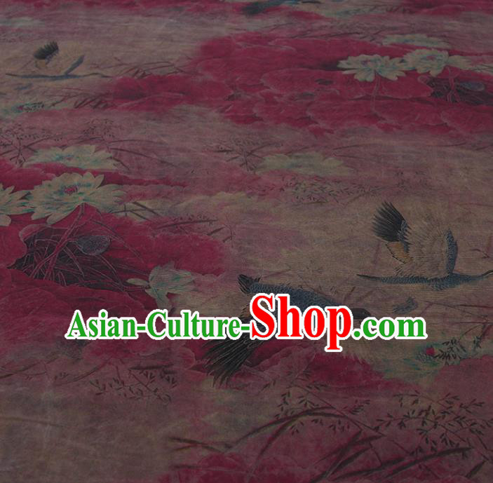 Traditional Chinese Classical Lotus Crane Pattern Wine Red Gambiered Guangdong Gauze Silk Fabric Ancient Hanfu Dress Silk Cloth