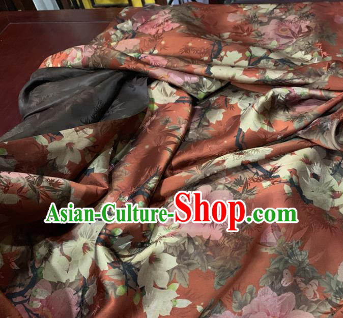 Chinese Classical Flowers Pattern Rust Red Silk Fabric Traditional Ancient Hanfu Dress Brocade Cloth