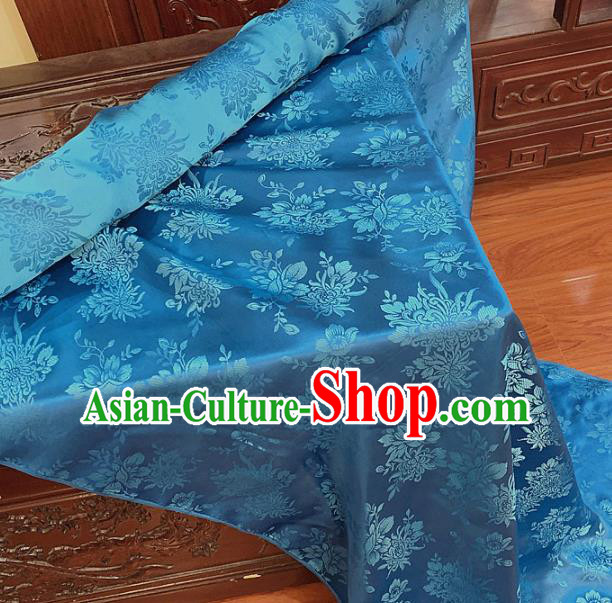 Chinese Classical Chrysanthemum Pattern Blue Silk Fabric Traditional Ancient Hanfu Dress Brocade Cloth