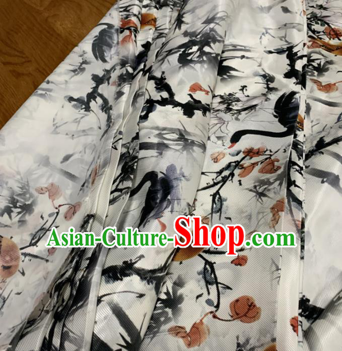 Chinese Classical Ink Painting Swan Pattern White Silk Fabric Traditional Ancient Hanfu Dress Brocade Cloth