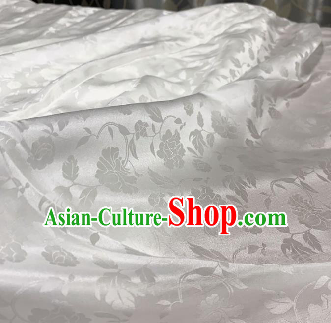 Chinese Classical Peony Pattern White Silk Fabric Traditional Ancient Hanfu Dress Brocade Cloth