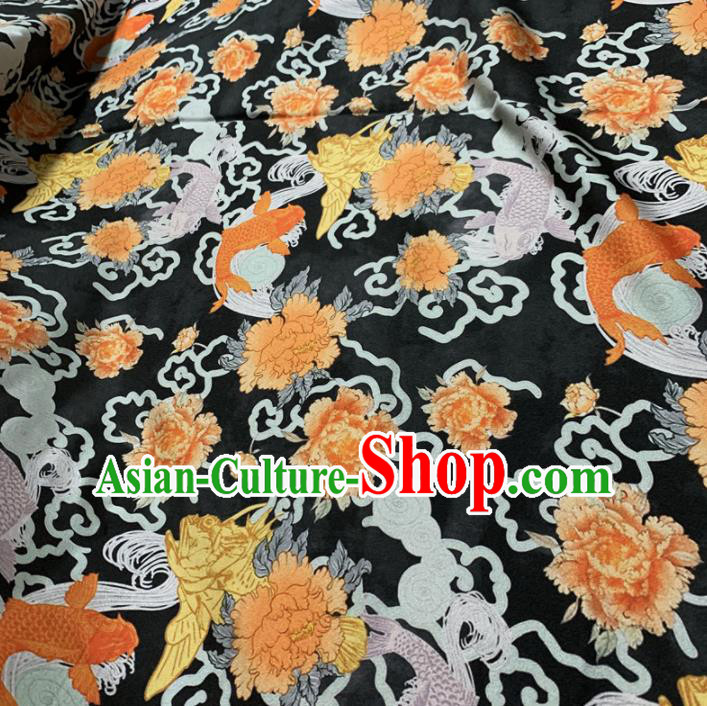 Chinese Classical Carp Peony Pattern Black Silk Fabric Traditional Ancient Hanfu Dress Brocade Cloth