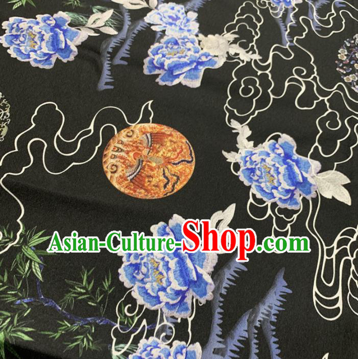 Chinese Classical Peony Pattern Black Silk Fabric Traditional Ancient Hanfu Dress Brocade Cloth