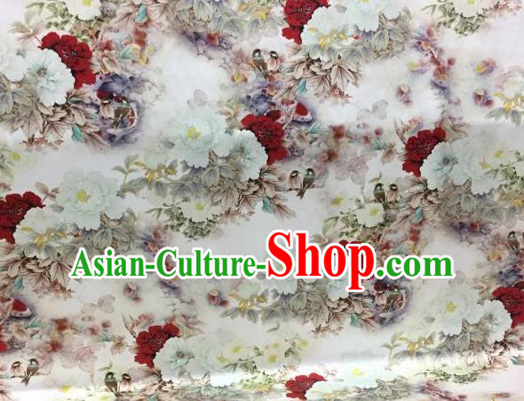 Traditional Chinese Classical Peony Pattern White Silk Fabric Ancient Hanfu Dress Brocade Cloth