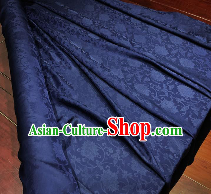 Chinese Classical Lotus Pattern Navy Blue Silk Fabric Traditional Ancient Hanfu Dress Brocade Cloth