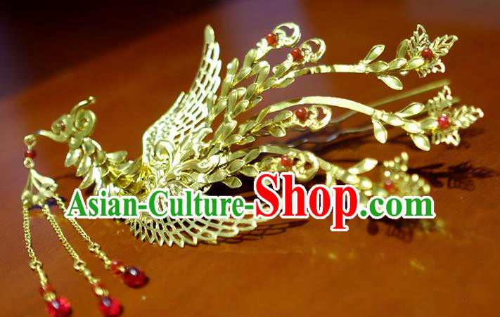 Chinese Traditional Ancient Court Queen Golden Tassel Phoenix Hairpins Classical Hanfu Hair Accessories for Women