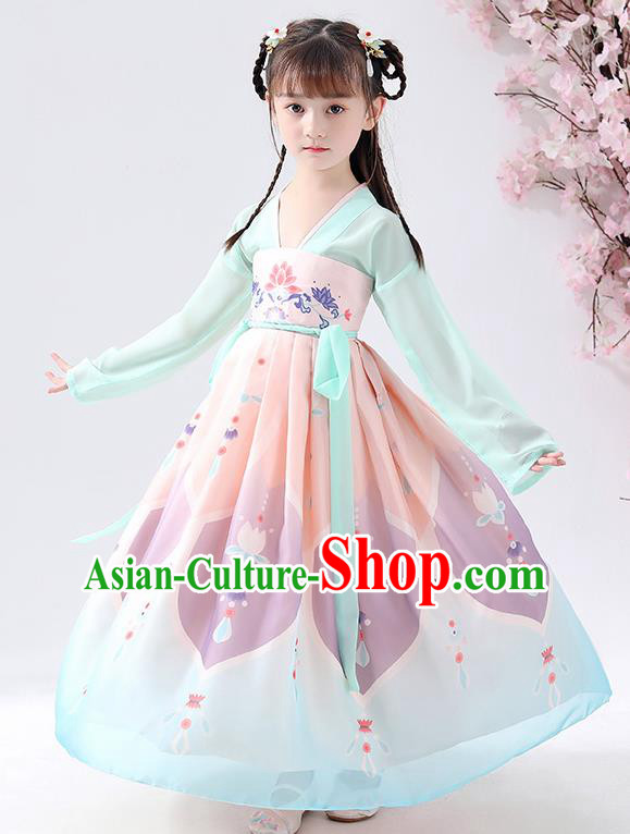 Chinese Traditional Tang Dynasty Girls Printing Light Blue Hanfu Dress Ancient Princess Costume for Kids