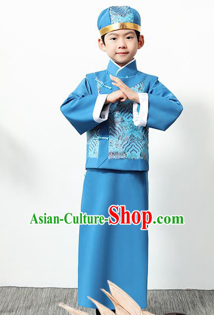 Chinese Traditional Qing Dynasty Boys Blue Clothing Ancient Manchu Prince Costume for Kids