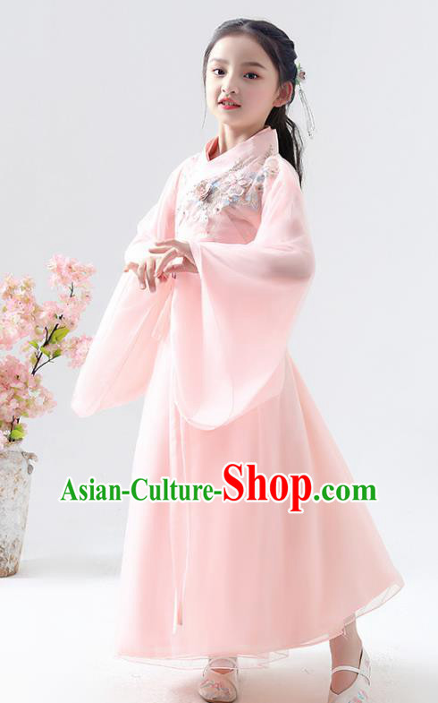 Chinese Traditional Jin Dynasty Girls Light Pink Hanfu Dress Ancient Peri Princess Costume for Kids