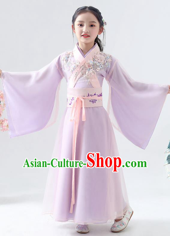 Chinese Traditional Jin Dynasty Girls Lilac Hanfu Dress Ancient Peri Princess Costume for Kids