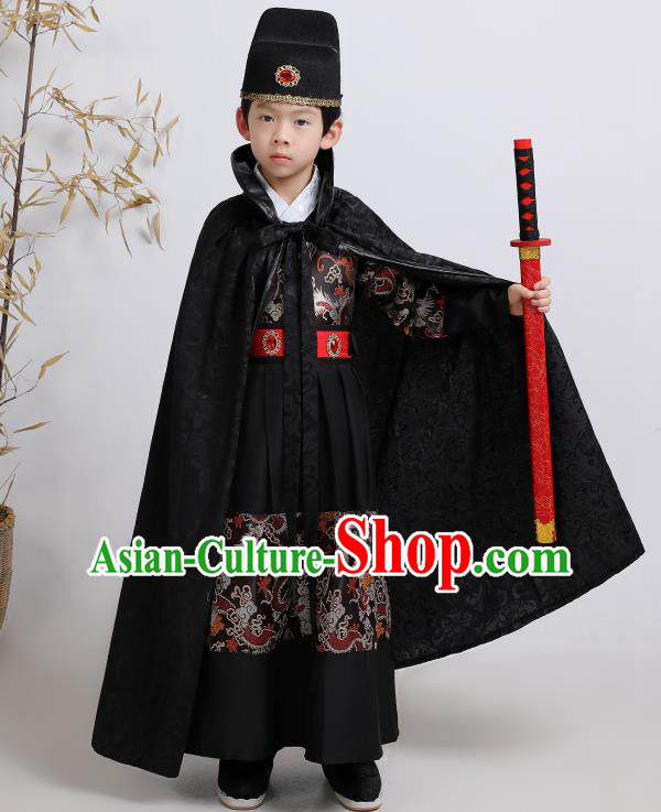 Chinese Traditional Ming Dynasty Imperial Guards Black Hanfu Clothing Ancient Boys Swordsman Costume for Kids