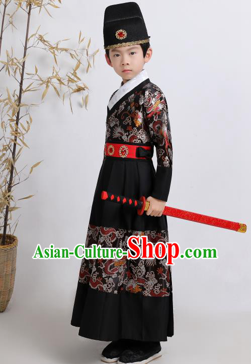 Chinese Traditional Ming Dynasty Imperial Guards Black Hanfu Clothing Ancient Boys Swordsman Costume for Kids