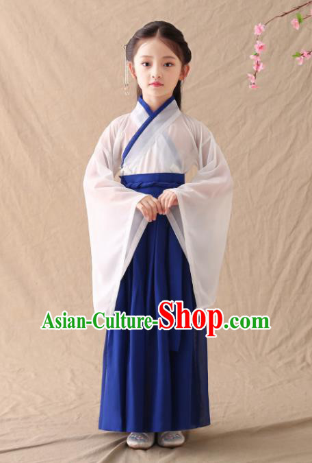 Chinese Traditional Jin Dynasty Girls Royalblue Hanfu Dress Ancient Peri Princess Costume for Kids