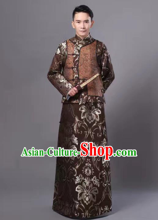 Chinese Traditional Qing Dynasty Prince Brown Hanfu Clothing Ancient Manchu Nobility Childe Costume for Men