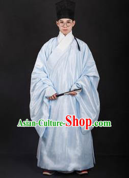 Chinese Traditional Ming Dynasty Minister Hanfu Light Blue Robe Ancient Officer Costume for Men