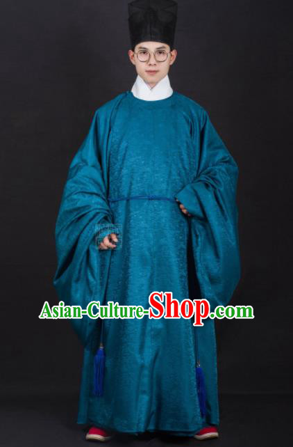 Chinese Traditional Ming Dynasty Minister Hanfu Blue Robe Ancient Officer Costume for Men