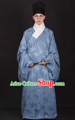 Chinese Traditional Ming Dynasty Taoist Priest Hanfu Blue Robe Ancient Scholar Costume for Men