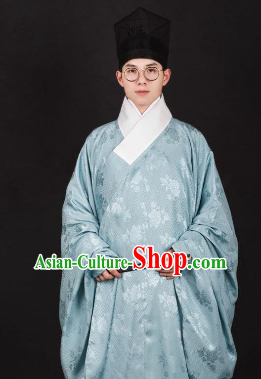 Chinese Traditional Ming Dynasty Taoist Priest Hanfu Green Robe Ancient Scholar Costume for Men