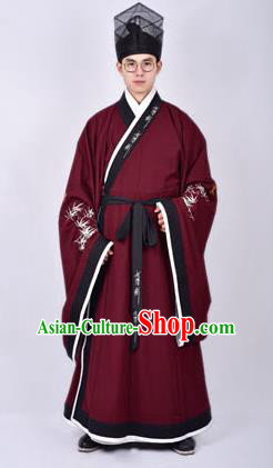 Chinese Traditional Ming Dynasty Taoist Priest Hanfu Wine Red Robe Ancient Scholar Costume for Men