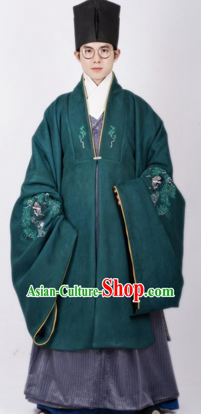 Chinese Traditional Ming Dynasty Scholar Hanfu Green Cloak Ancient Taoist Priest Costume for Men